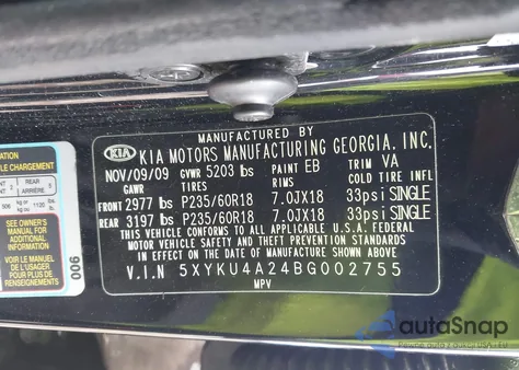 2011 Kia Sorento Ex V6 z USA, uszkodzony, nr VIN 5XYKU4A24BG002755